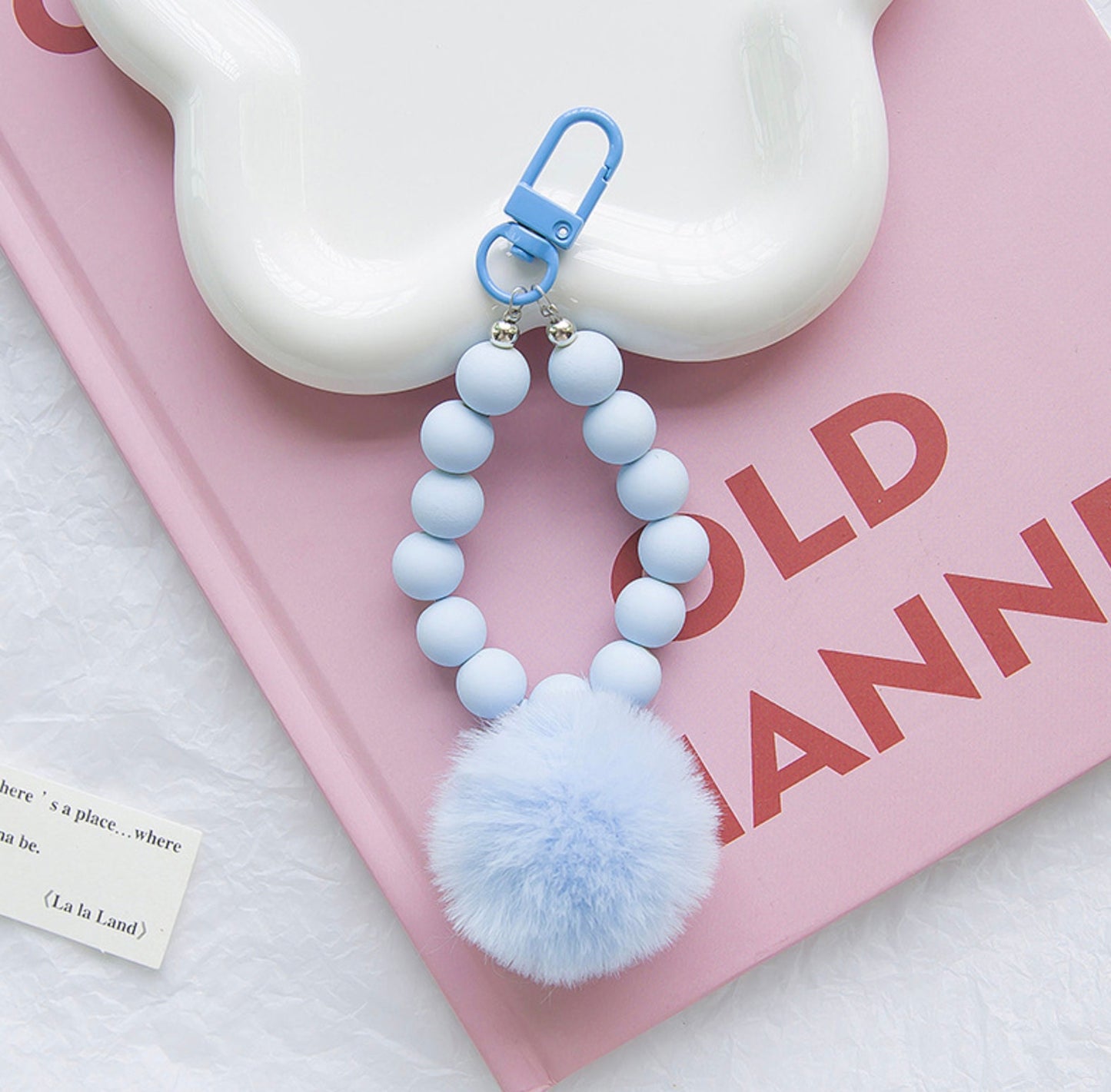 Simple Matte Bead Strand with Fluffy Pompom Themed Keychain, Keyring, Lanyard, Phone Accessories