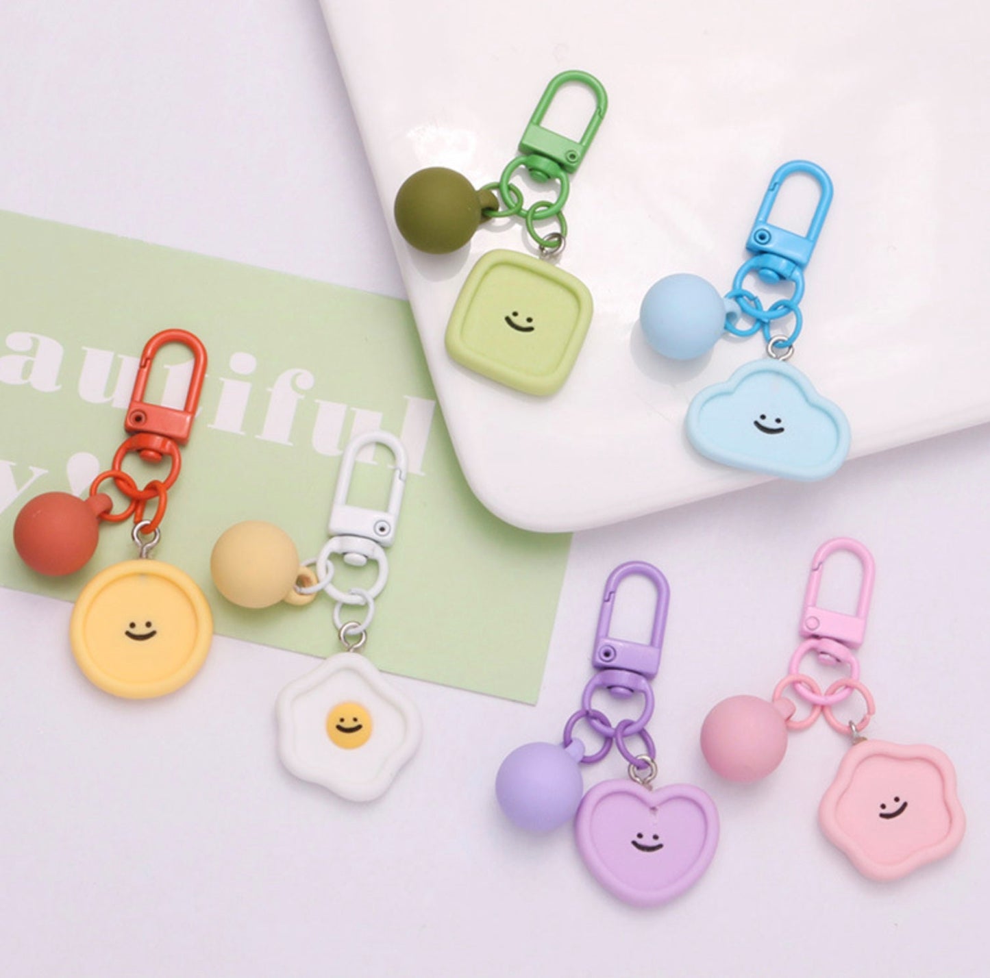 Resin Smiling Shape Themed Keychain, Key ring (Heart, Egg, Square, Cloud, Flower, Circle)