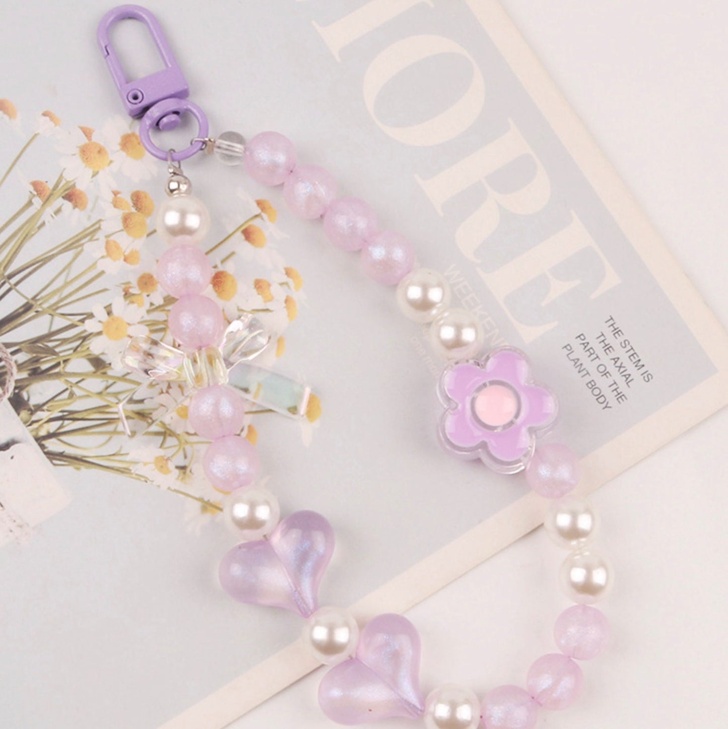 15CM Cute Acrylic Round Bead Strand with Flowers and Bows Bead Keychain, Key ring, Phone Lanyard