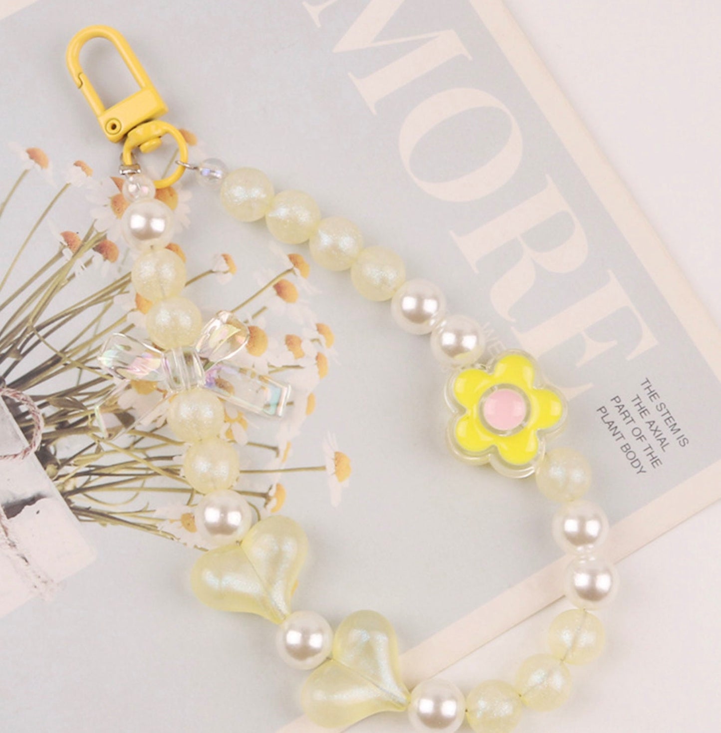 15CM Cute Acrylic Round Bead Strand with Flowers and Bows Bead Keychain, Key ring, Phone Lanyard