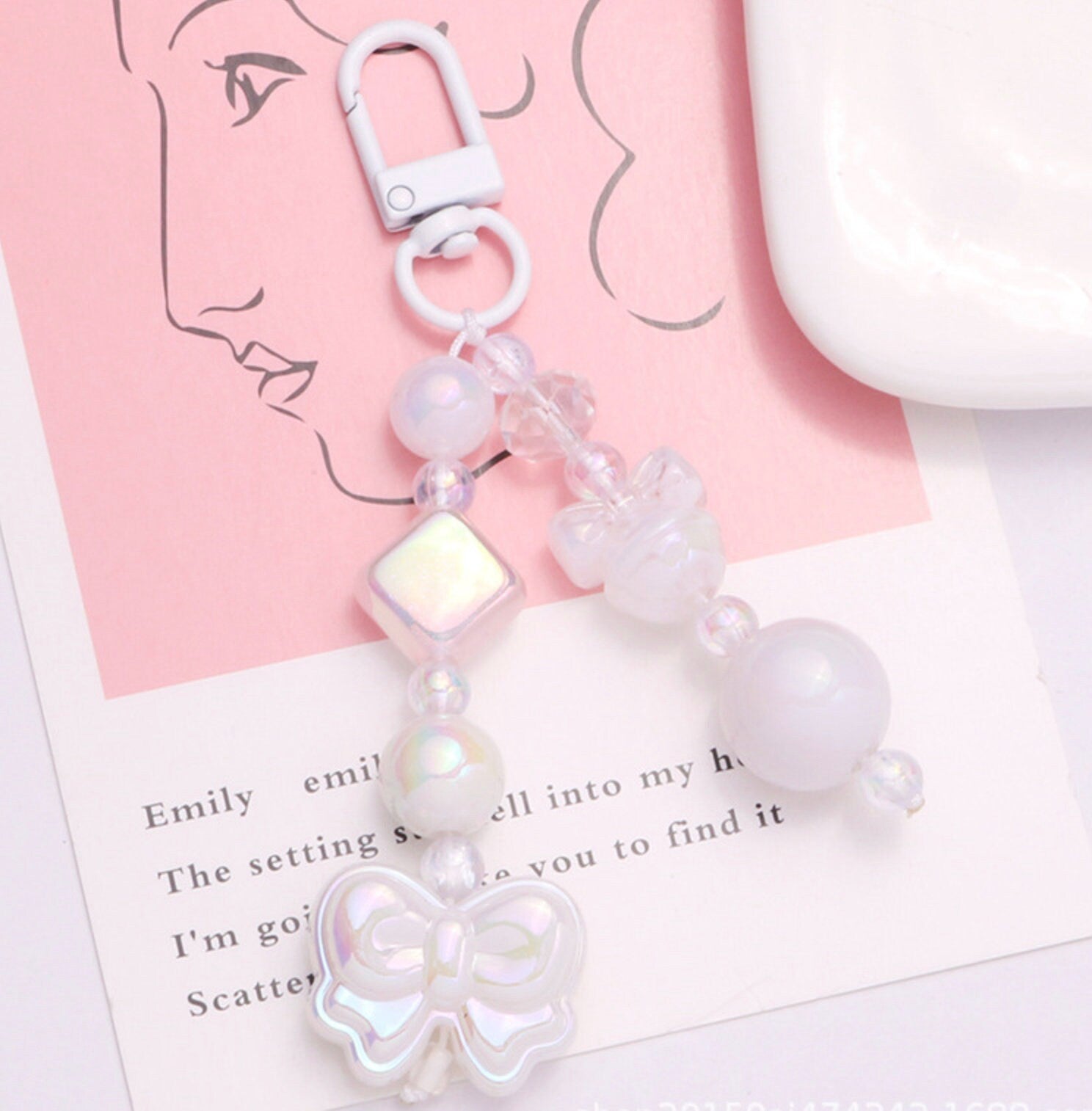 Pearlescent Princess Bow Themed Bead Keychain, Key ring, Phone Lanyard