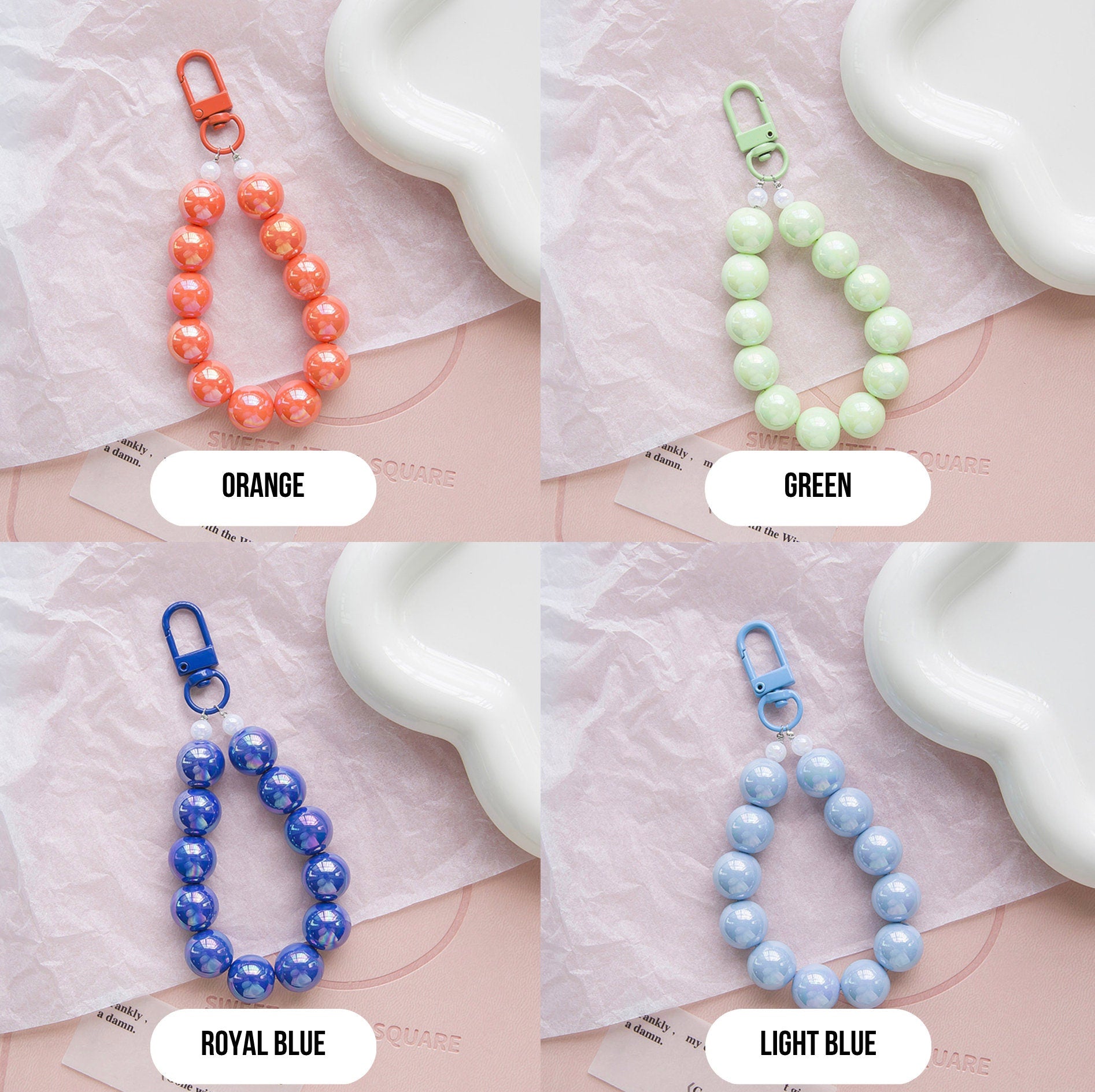 Simple Pearlescent Bead Strand Themed Keychain, Keyring, Lanyard, Phone Accessories