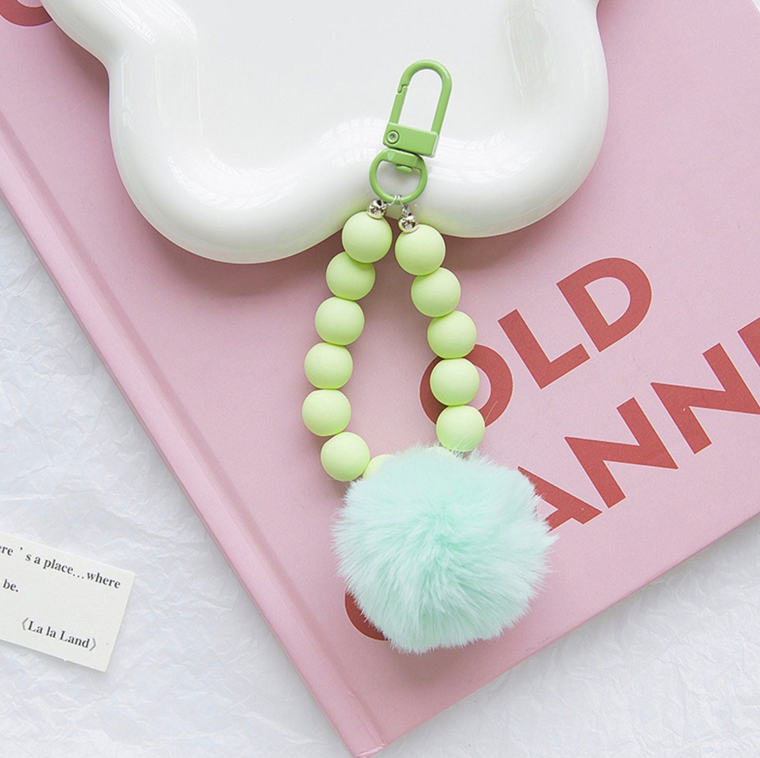 Simple Matte Bead Strand with Fluffy Pompom Themed Keychain, Keyring, Lanyard, Phone Accessories