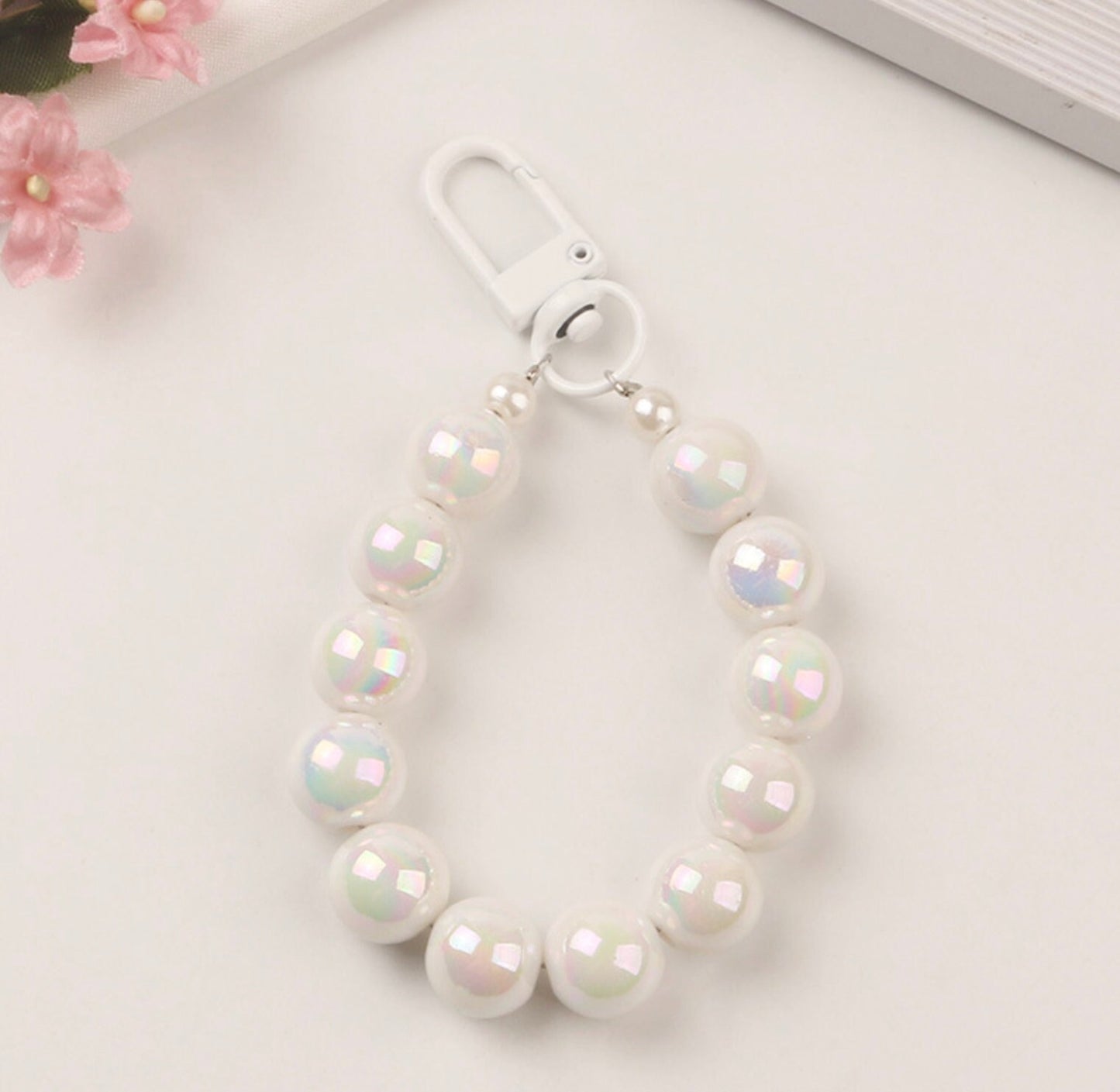 7.5CM Pearlescent Bead Keychain, Key ring, Phone Lanyard (Pink, Yellow, Green, White, Purple)