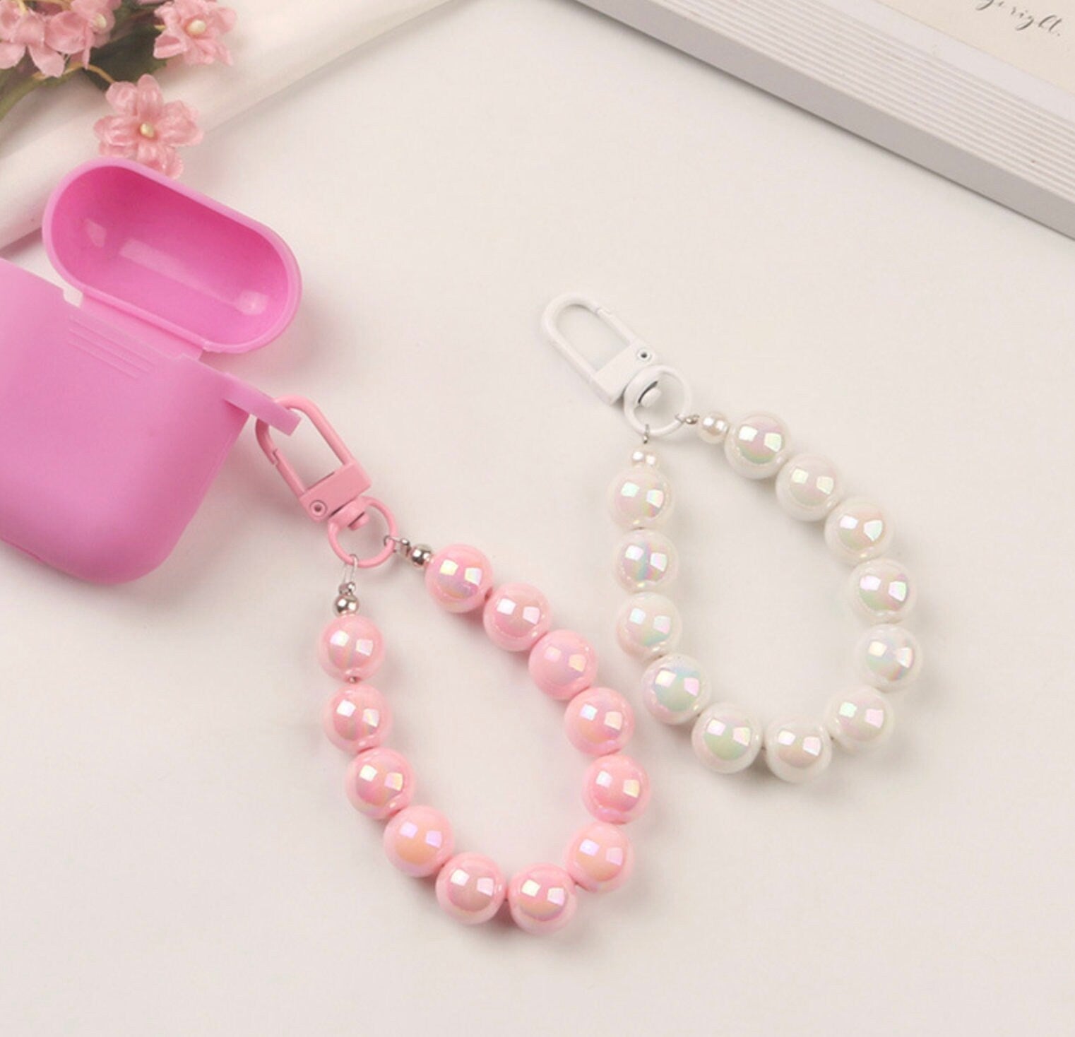 7.5CM Pearlescent Bead Keychain, Key ring, Phone Lanyard (Pink, Yellow, Green, White, Purple)