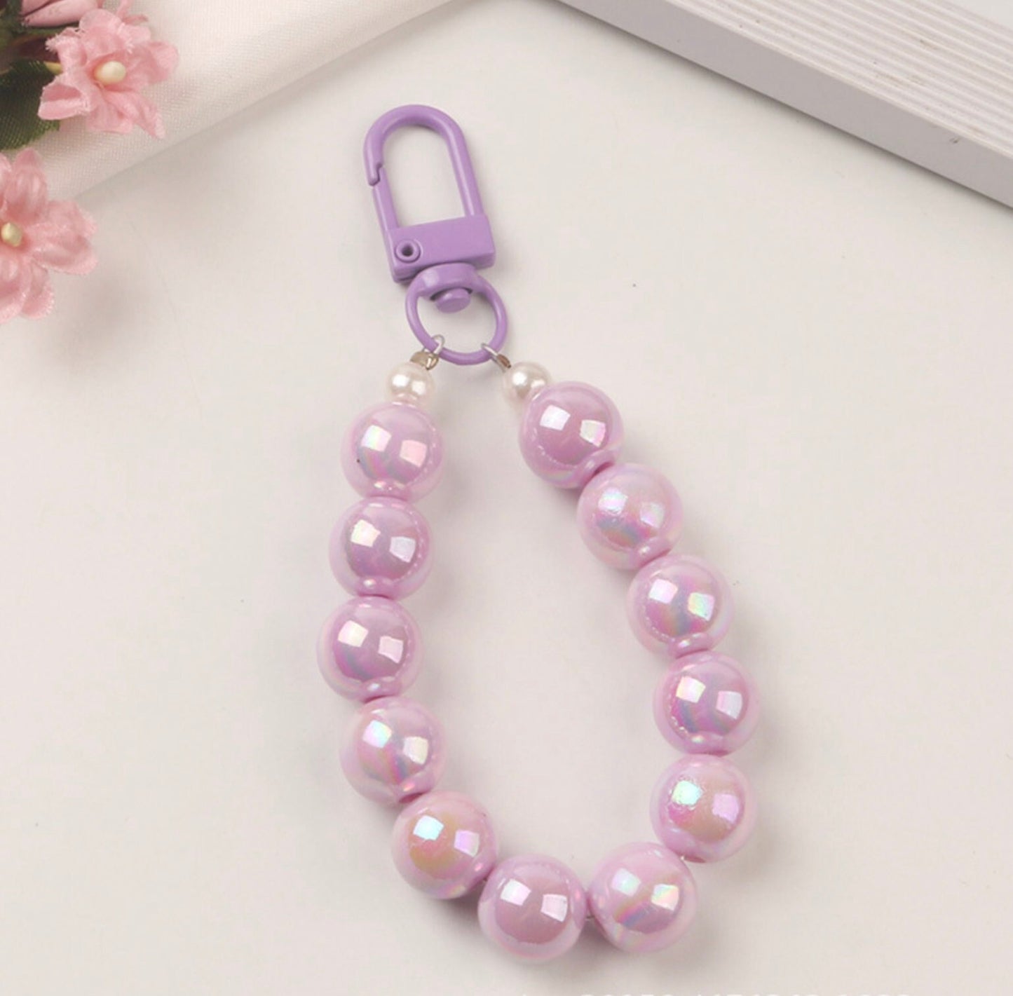 7.5CM Pearlescent Bead Keychain, Key ring, Phone Lanyard (Pink, Yellow, Green, White, Purple)