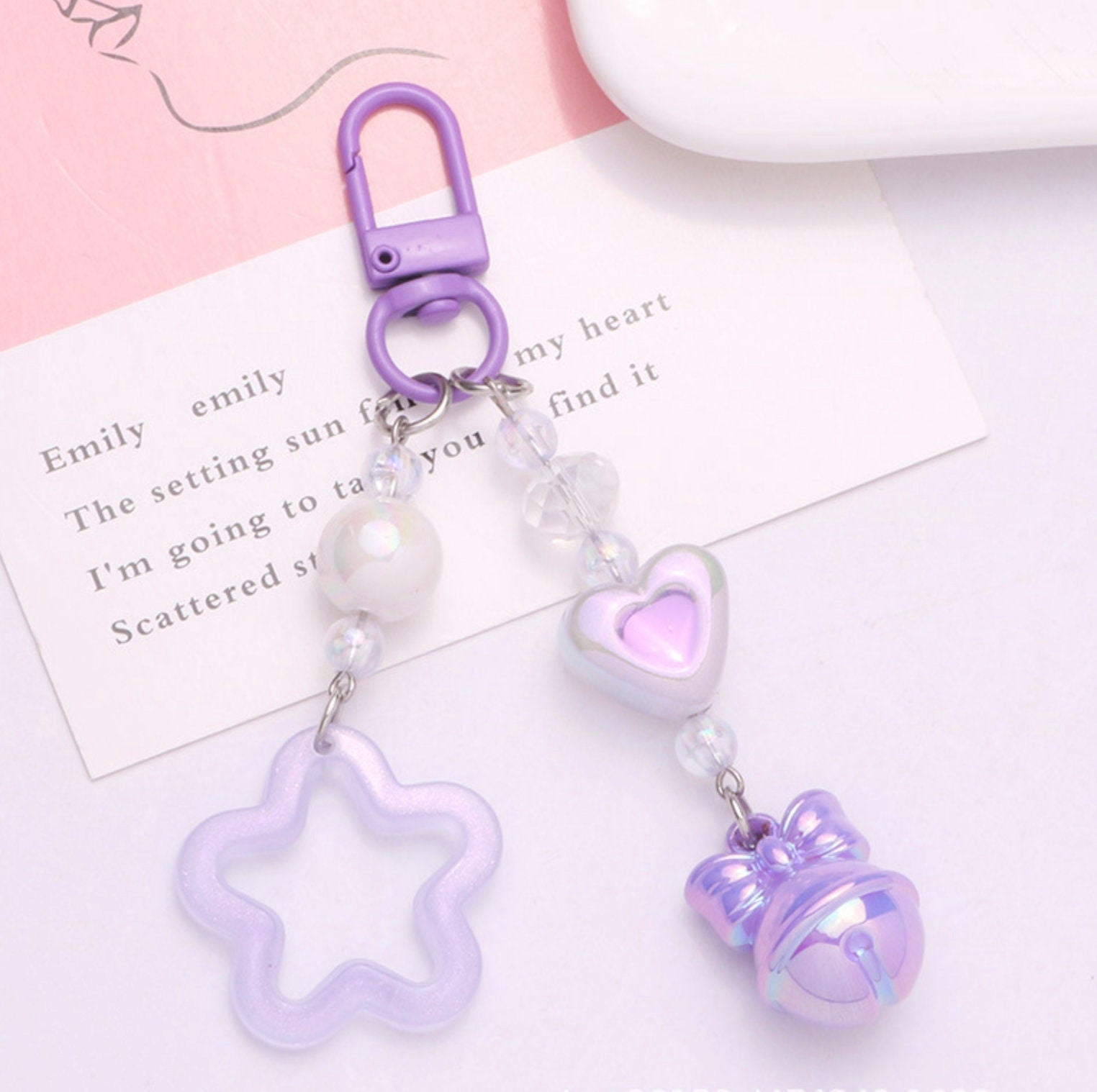 Cute Acrylic Pearlescent Shimmer Cutout Star with Heart Bead Keychain, Key ring, Phone Lanyard