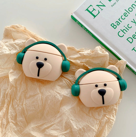Cute Brown Bear with Green Headphones (Airpod Gen 1/2/3 and Airpod Pro Gen 1/2)