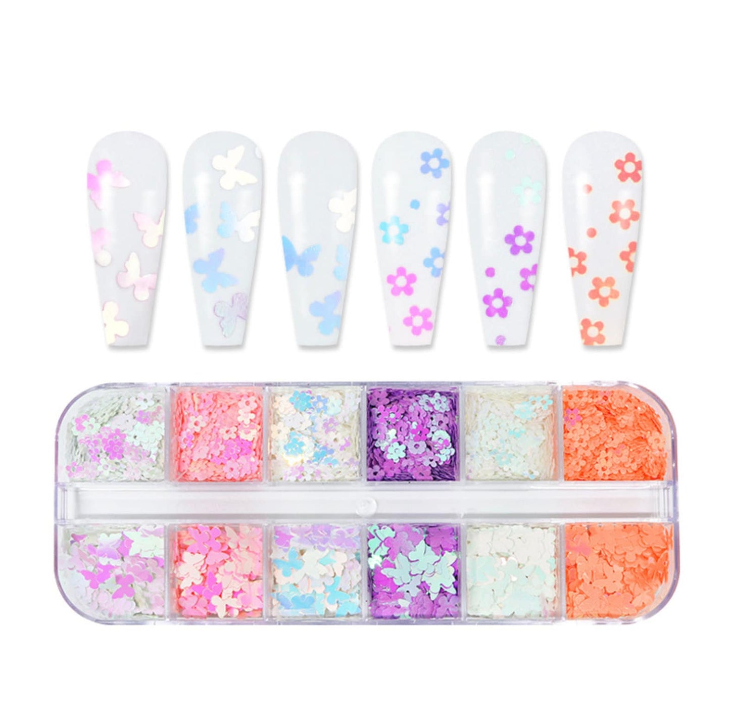 12 Holographic Flower and Butterfly Glitter Set for Nail Art, DIY  (3mm-6mm)