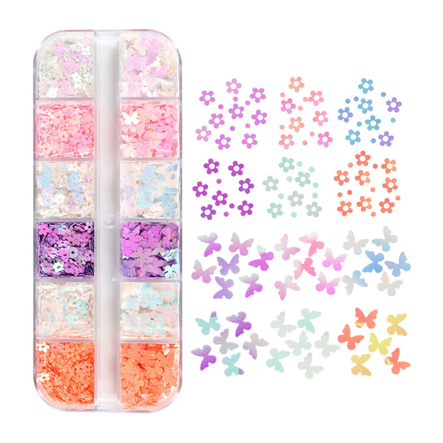 12 Holographic Flower and Butterfly Glitter Set for Nail Art, DIY  (3mm-6mm)