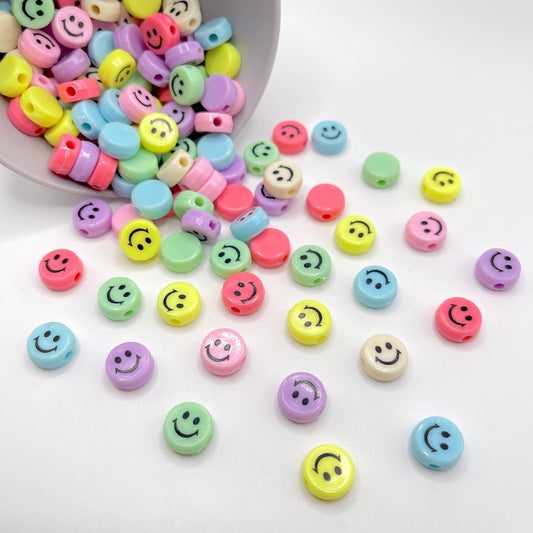 Chunky 12MM/15MM Pastel Colored Flat Round Smiley Face Beads