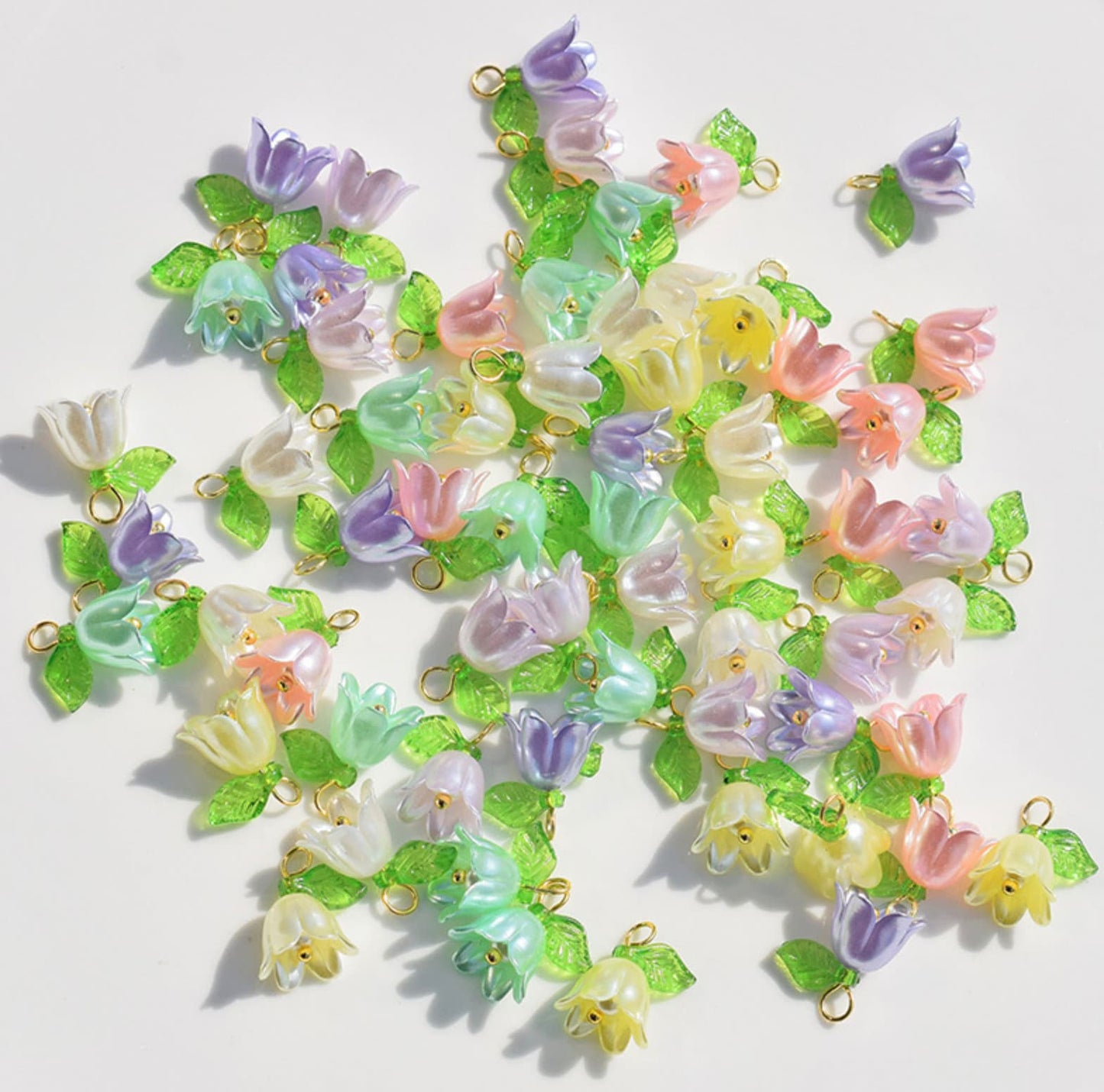 14MM x 11MM Acrylic Flower with Leaf Charms (White, Purple, Pink, Purple, Green)