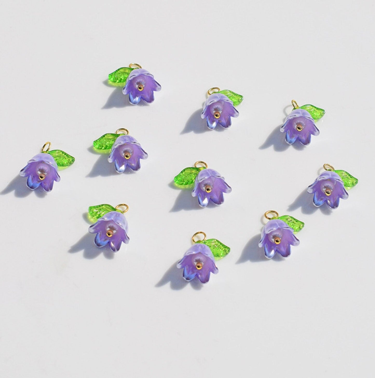 14MM x 11MM Acrylic Flower with Leaf Charms (White, Purple, Pink, Purple, Green)