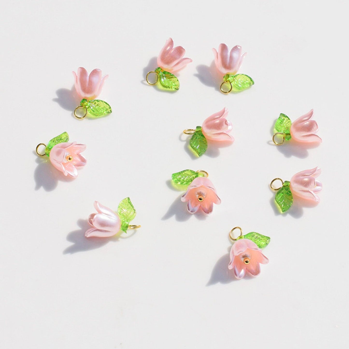 14MM x 11MM Acrylic Flower with Leaf Charms (White, Purple, Pink, Purple, Green)