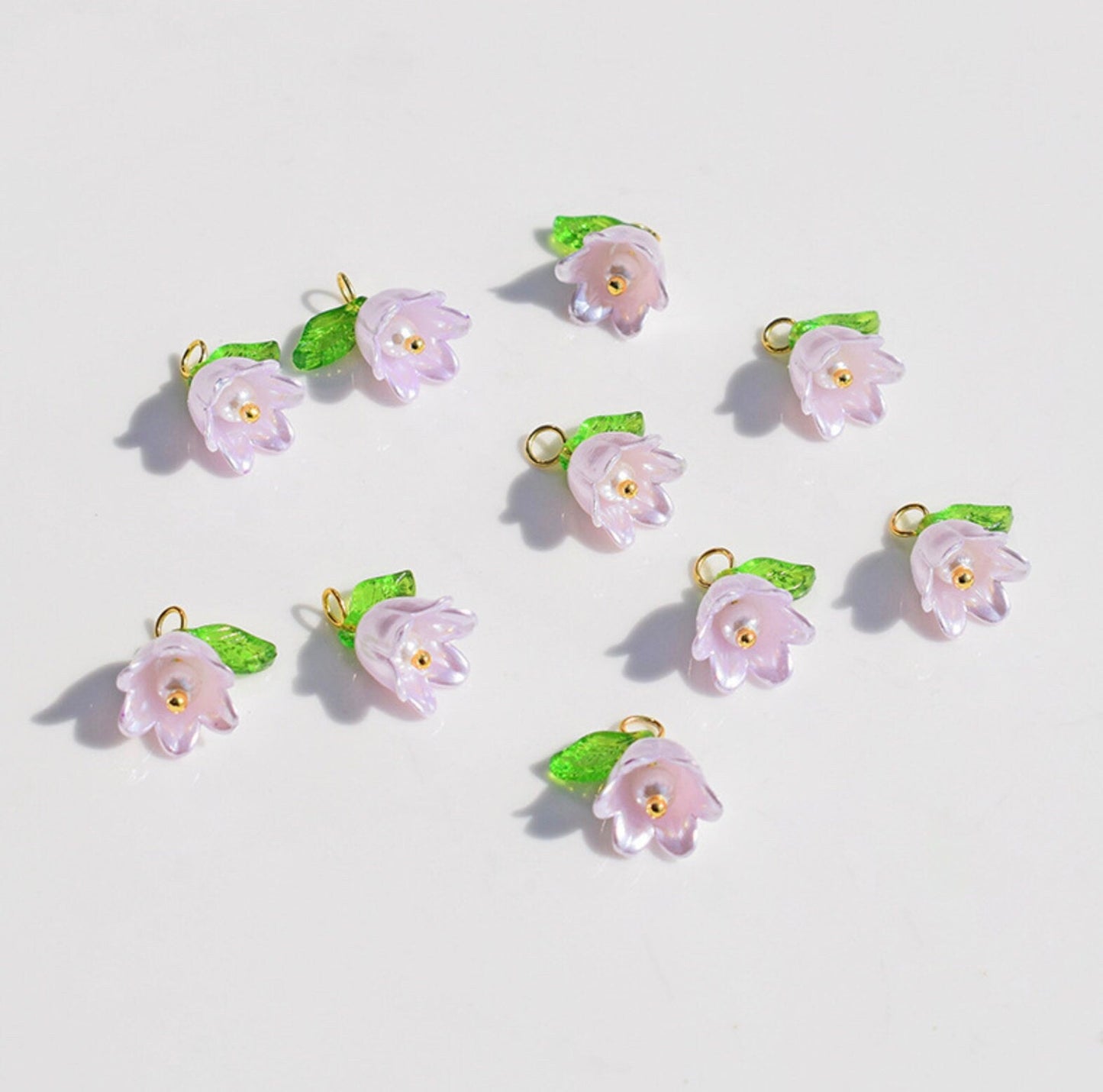 14MM x 11MM Acrylic Flower with Leaf Charms (White, Purple, Pink, Purple, Green)