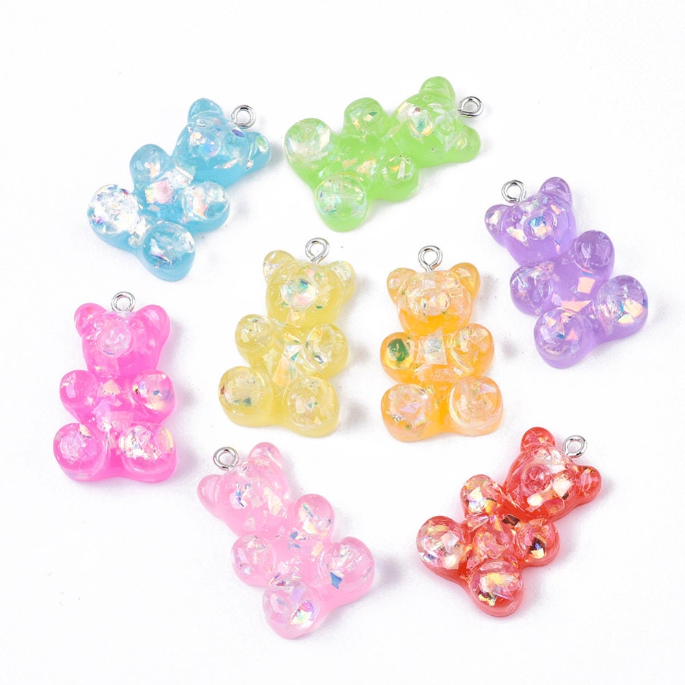 32MM Extra Large Chunky Glitter Rainbow Gummy Bear Charms with Eye pins