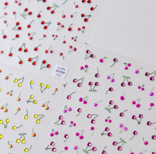 3D Rhinestone Cherry, Fruit Themed Nail Art Stickers (red, pink or yellow)