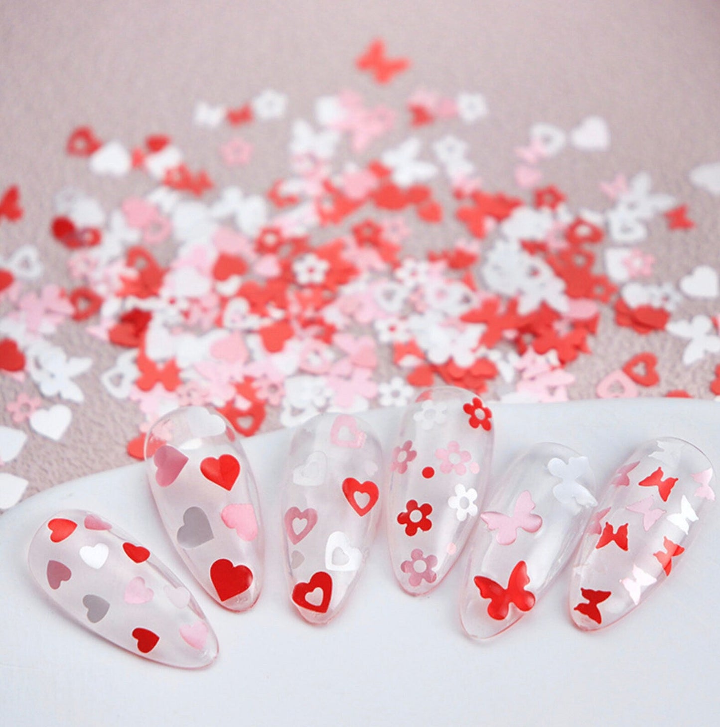 6 Pink and Red Glitter Flake Set, Valentines Day Set #3 (3mm-6mm)