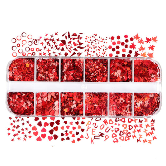 6 Red Glitter Flake Set, Valentines Day Set #2  (3mm-6mm)