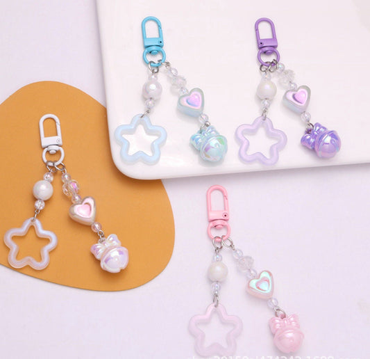 Cute Acrylic Pearlescent Shimmer Cutout Star with Heart Bead Keychain, Key ring