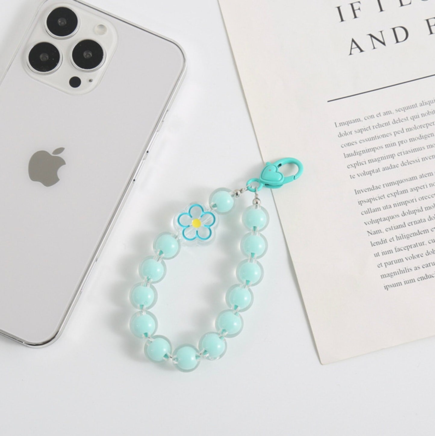 Cute Acrylic Round Bead Strand with Flower Keychain, Key ring