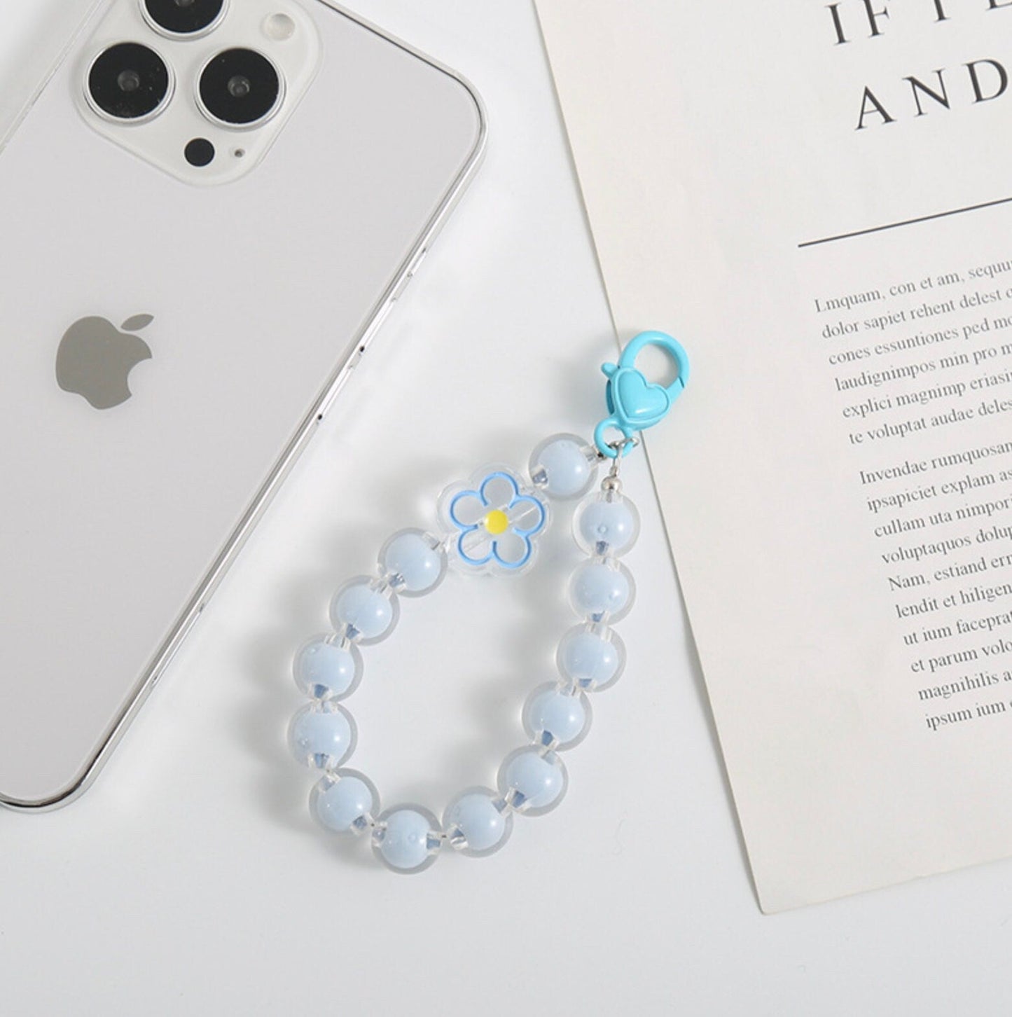 Cute Acrylic Round Bead Strand with Flower Keychain, Key ring