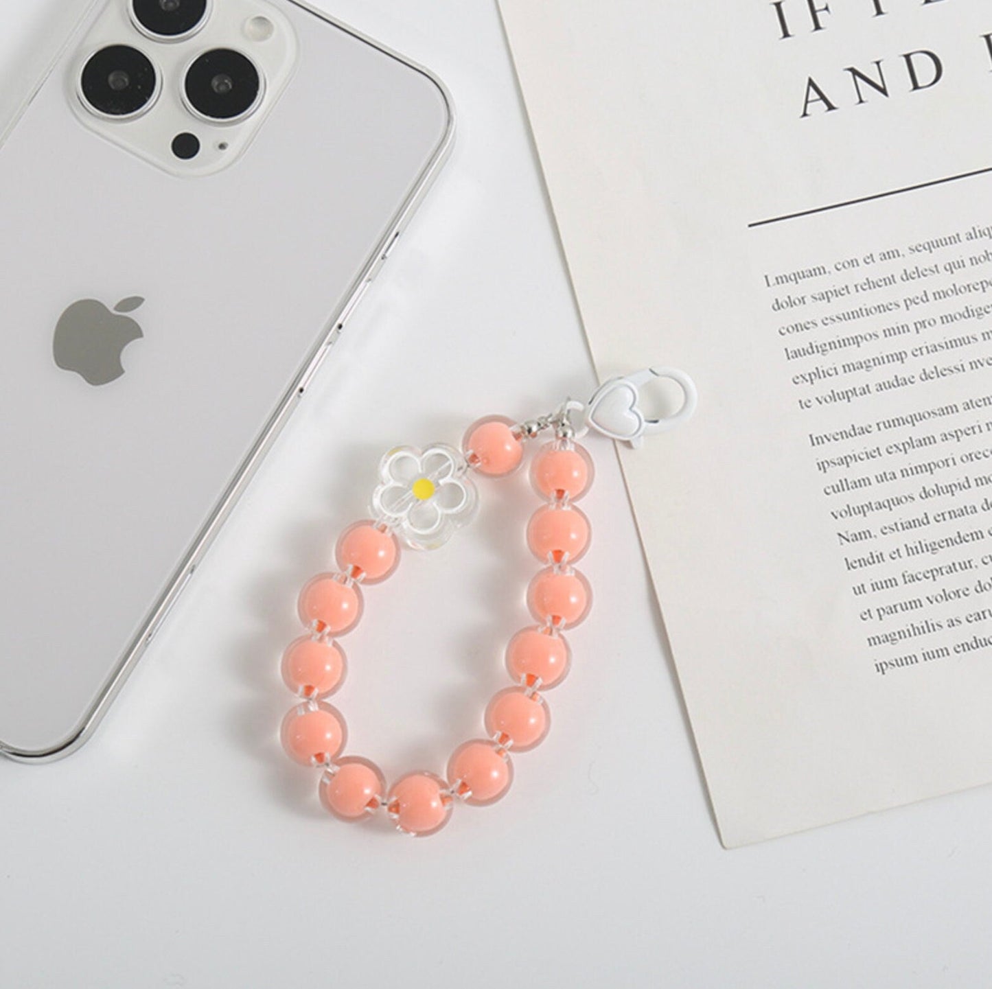 Cute Acrylic Round Bead Strand with Flower Keychain, Key ring