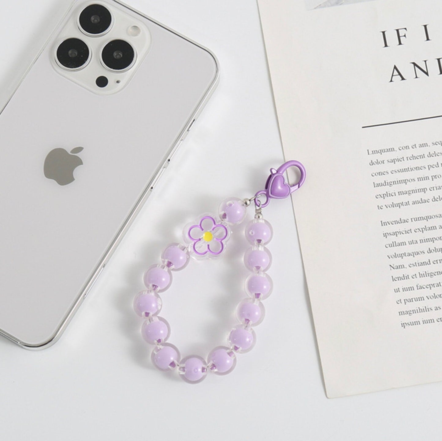 Cute Acrylic Round Bead Strand with Flower Keychain, Key ring