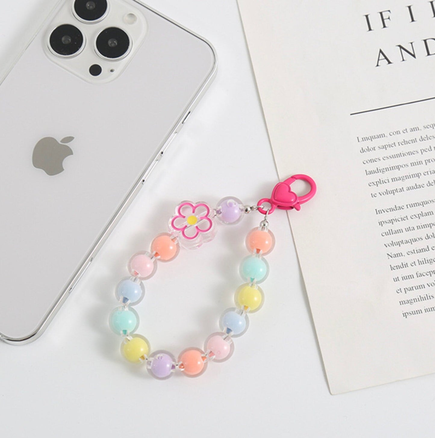 Cute Acrylic Round Bead Strand with Flower Keychain, Key ring