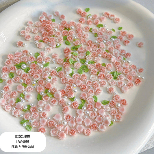 Cute Roses w/Leaves and Faux Pearls for Nail Art (30-40pc per order)
