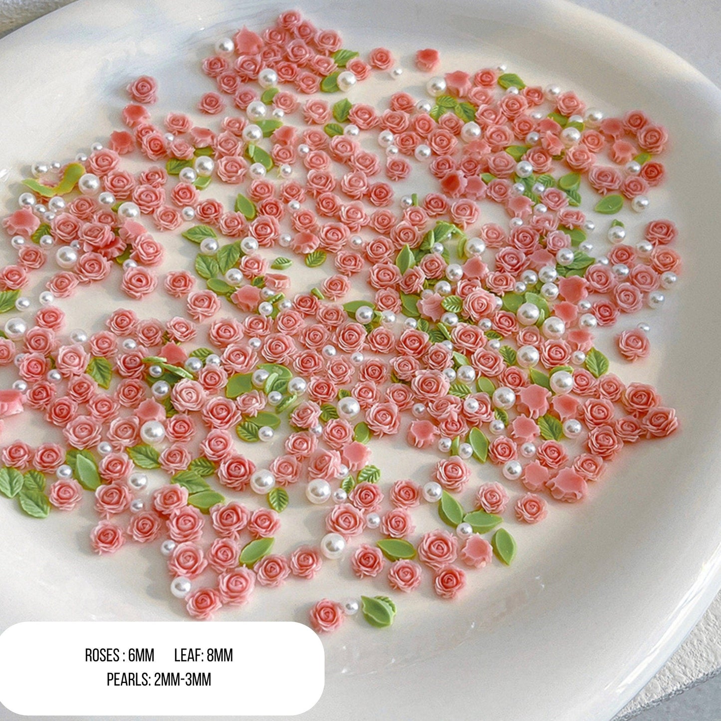Cute Roses w/Leaves and Faux Pearls for Nail Art (30-40pc per order)
