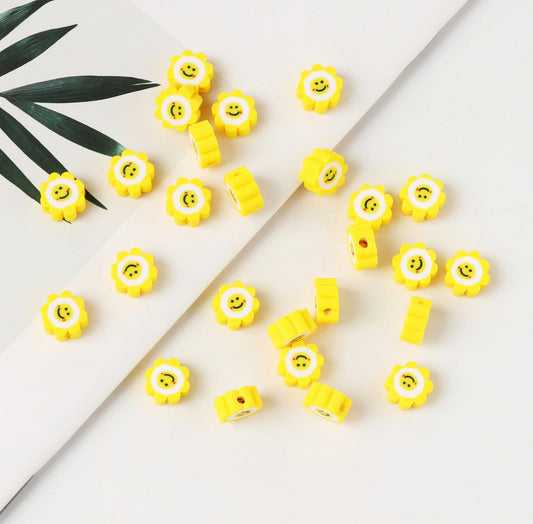 10MM Yellow Smiley Face Flower, Floral Themed Polymer Clay Beads