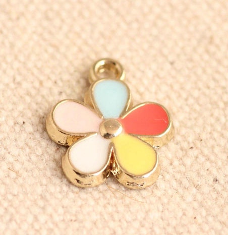 Five Colored Flower Oil Drop Style Enamel Charm (12mm x 15mm)