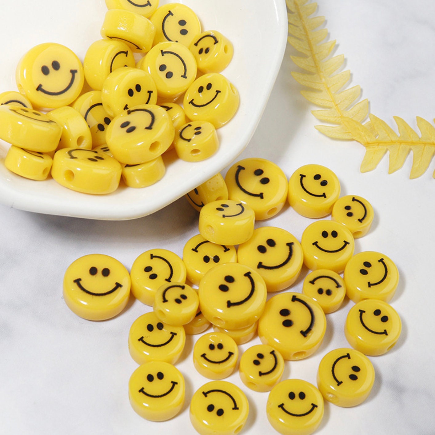 HORIZONTAL HOLE Yellow Flat Round Smiley Face Beads (Multiple sizes)