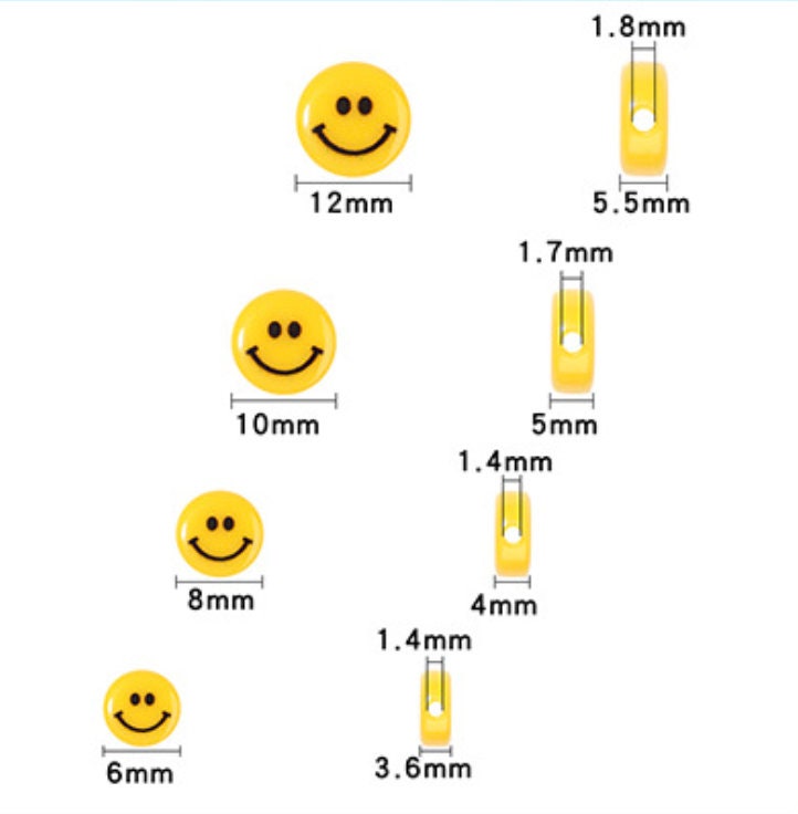 HORIZONTAL HOLE Yellow Flat Round Smiley Face Beads (Multiple sizes)