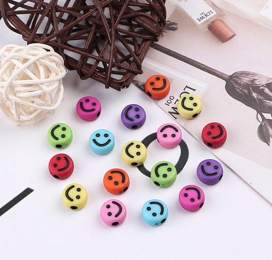 Mixed Color Flat Round Acrylic with Black Smiley Face Beads (4mm x 7mm)