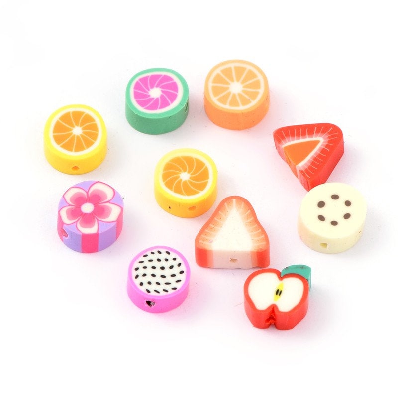 Mixed Fruit Themed Polymer Clay Beads  (9~10.5x4.5mm, Hole: 1.6mm)