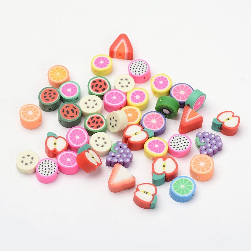 Mixed Fruit Themed Polymer Clay Beads  (9~10.5x4.5mm, Hole: 1.6mm)