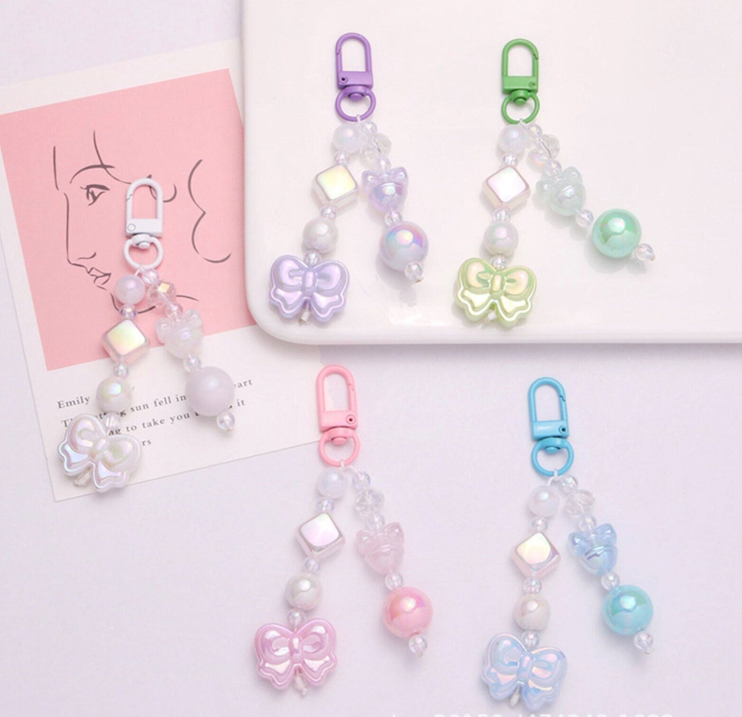 Pearlescent Princess Bow Themed Bead Keychain, Key ring, Phone Lanyard