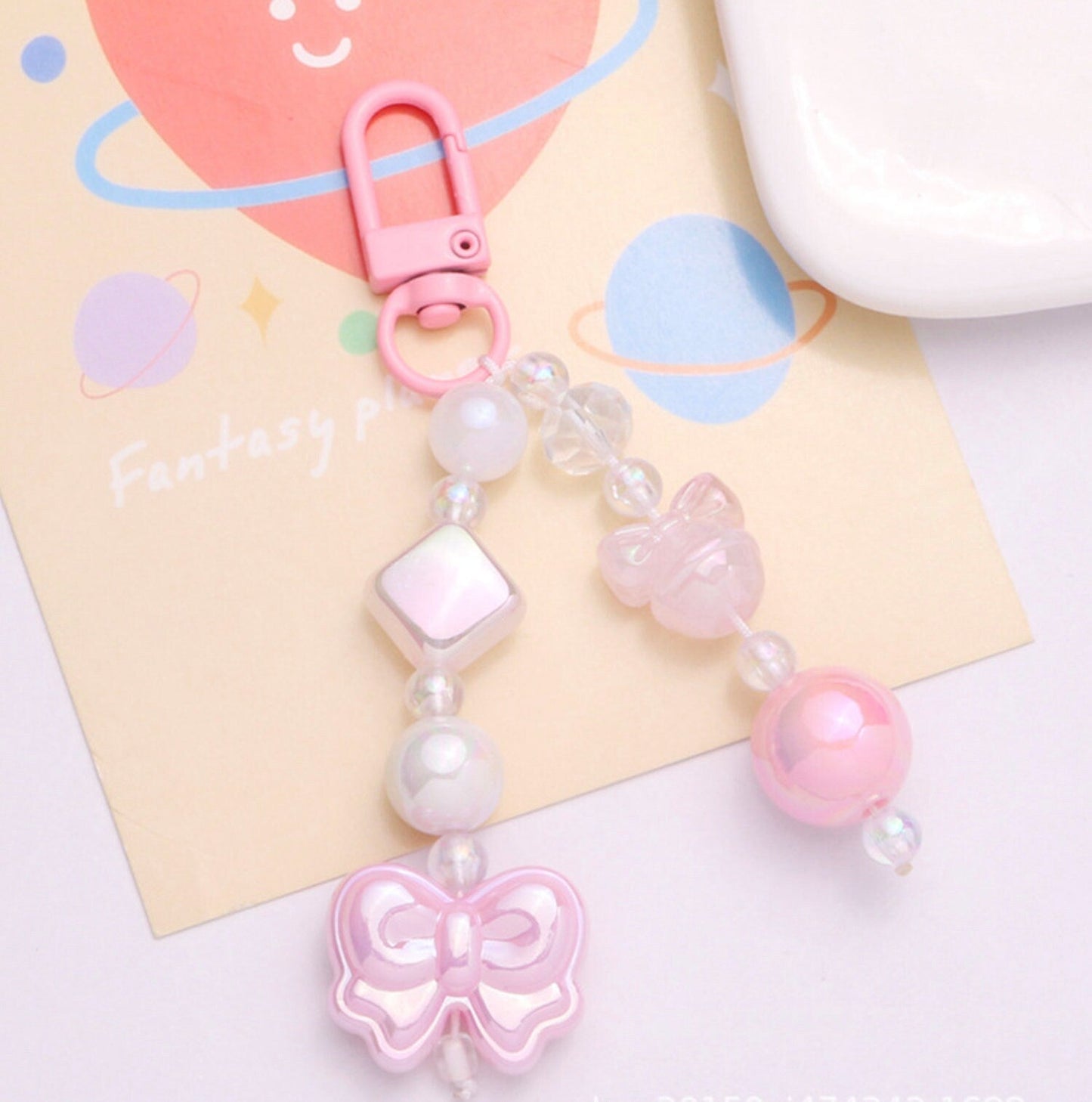 Pearlescent Princess Bow Themed Bead Keychain, Key ring, Phone Lanyard