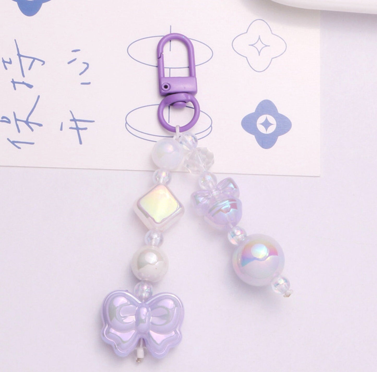 Pearlescent Princess Bow Themed Bead Keychain, Key ring, Phone Lanyard