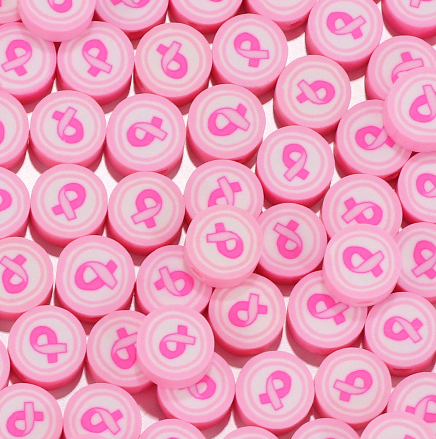 10MM Pink Cancer Ribbon Themed Polymer Clay Beads