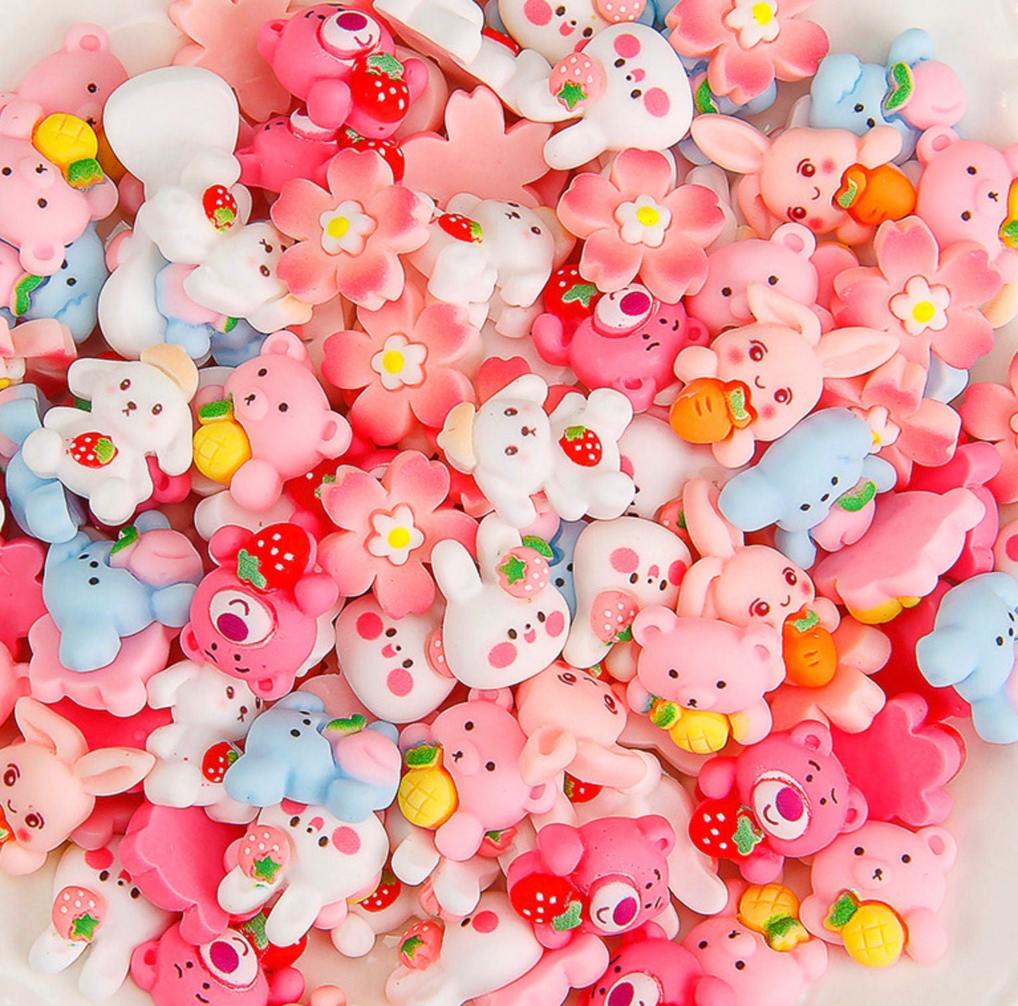 Random Mix of Cute White Bunnies and Pink Bears Themed Cabochons