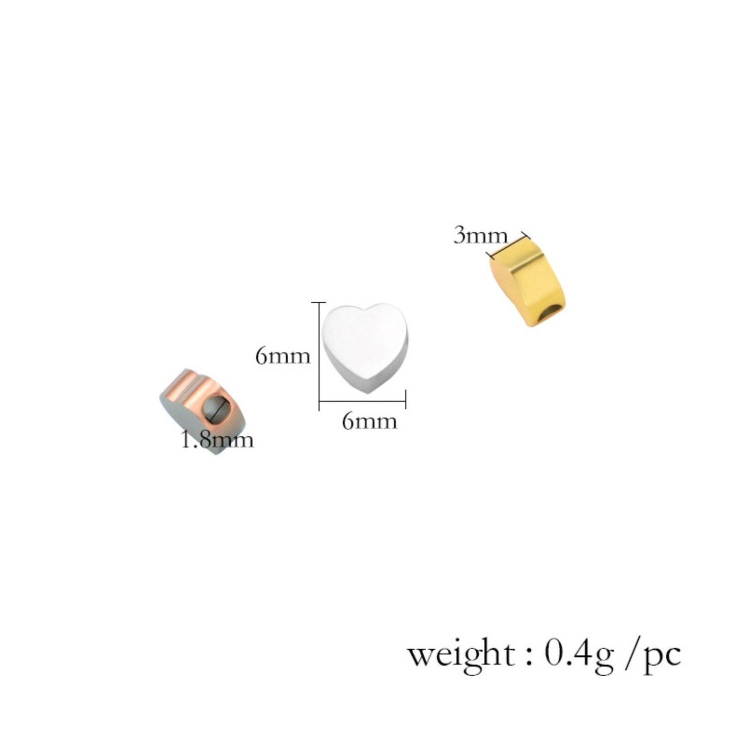Silver, Gold, Rose Gold Stainless Steel Heart Charms