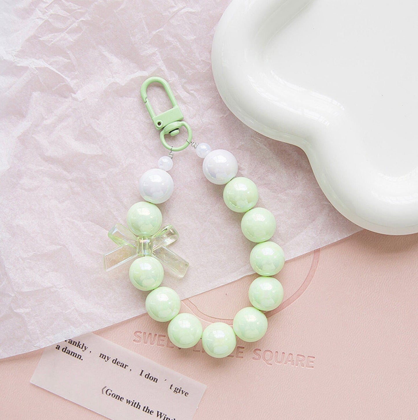 Simple Pearlescent Bead Strand with Iridescent Bow Themed Keychain