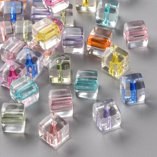 Transparent Acrylic Cube with Colored Center Bead  ( 8x7.5x7.5mm, Hole: 1.8mm)