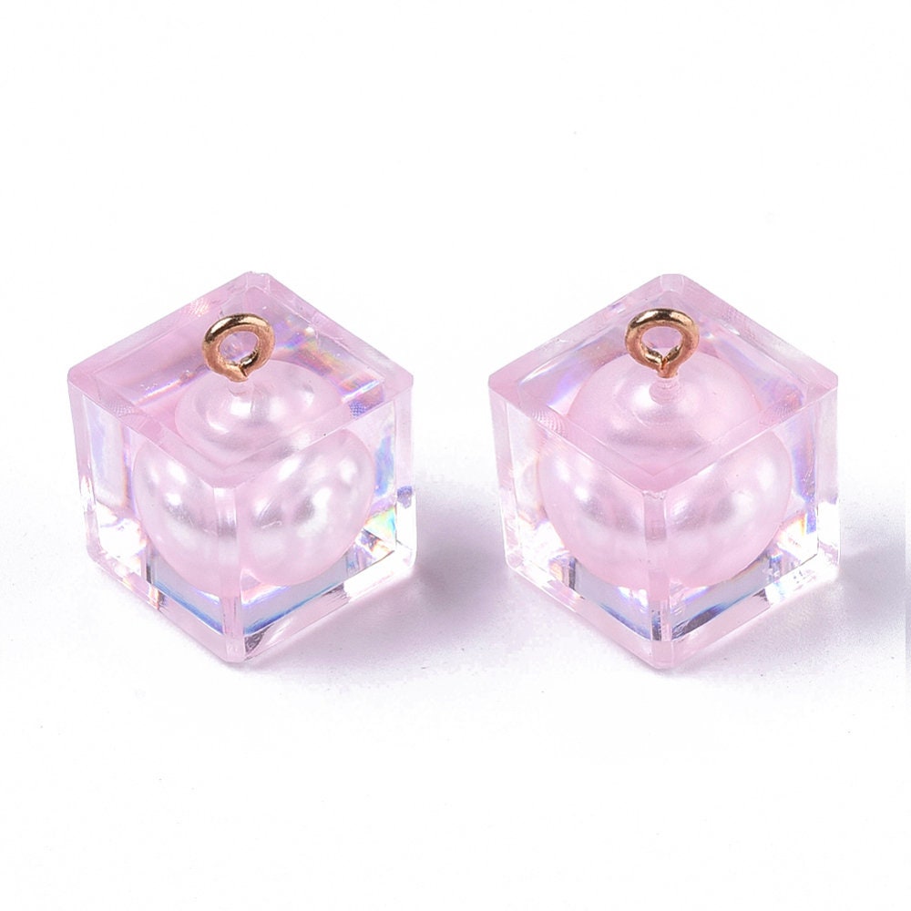 Transparent Epoxy Cube Resin Pendant Charm with Imitation Pearl (16 x 14 x 14mm)