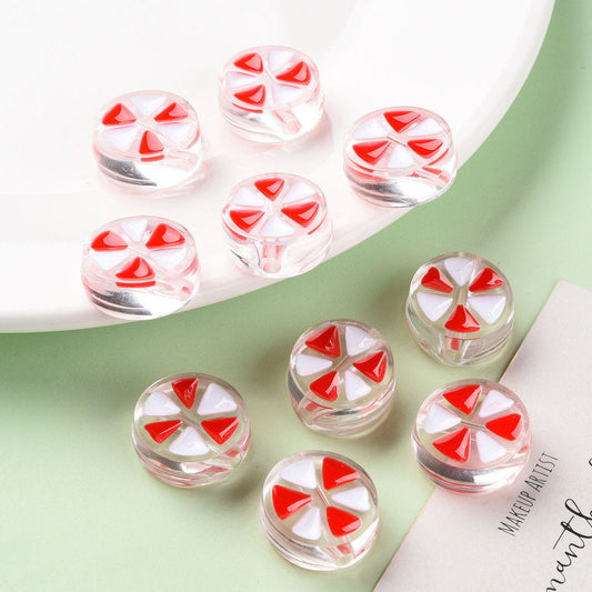 Transparent Red and White Peppermint Enamel Acrylic Bead