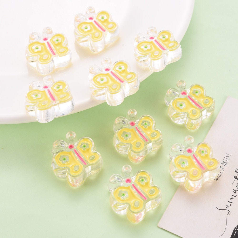 Transparent Yellow Butterfly Enamel Acrylic Bead ( 25mm x 24mm x 9mm, Hole: 3mm)