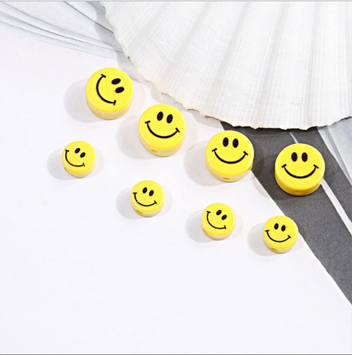 VERTICAL HOLE Yellow Flat Round Smiley Face Beads (Multiple Sizes)